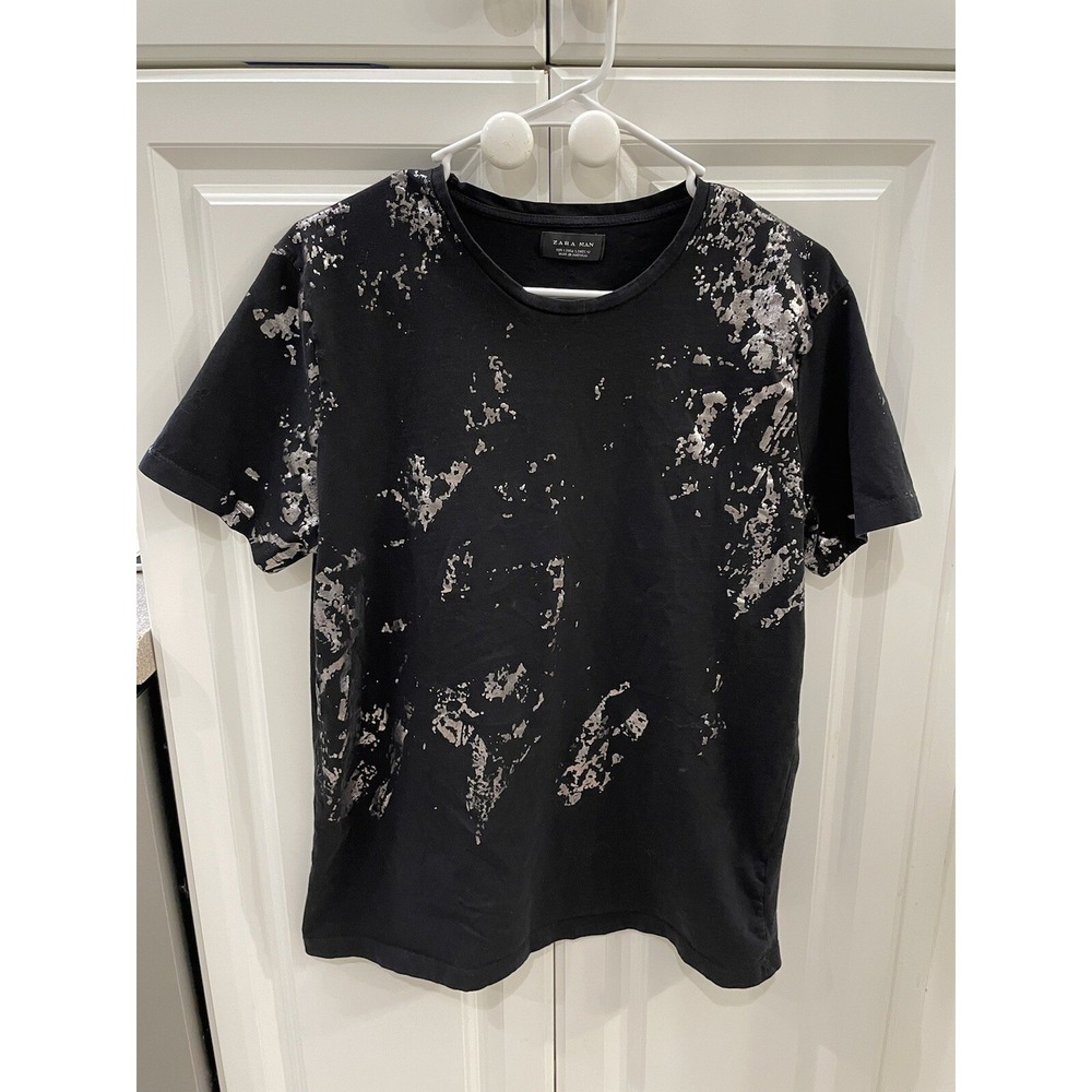 Zara Man Mens Silver Splatter Black T Shirt Large